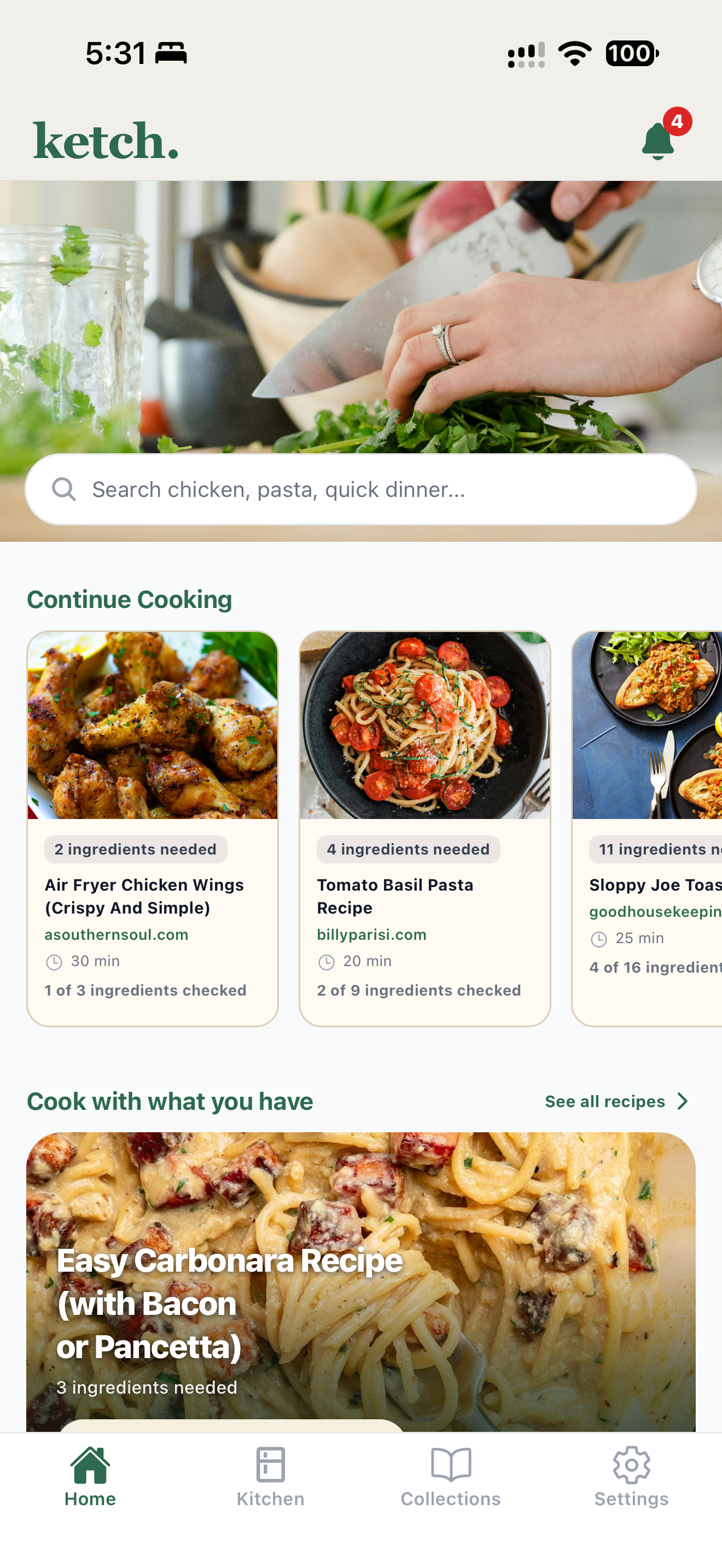 Ketch recipe discovery screen with a search field and recipe cards