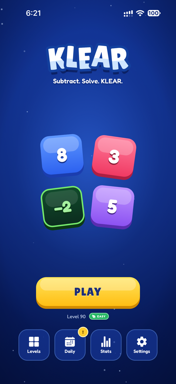 KLEAR home screen: number tiles 8, 3, −2 and 5 above a yellow Play button for Level 90, rated Easy, with Levels, Daily, Stats and Settings below