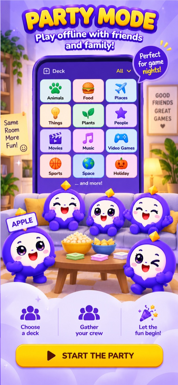 Party Mode, for playing offline with friends and family: themed decks from Animals and Food to Sports and Holiday, above the Kwest mascots gathered on a sofa